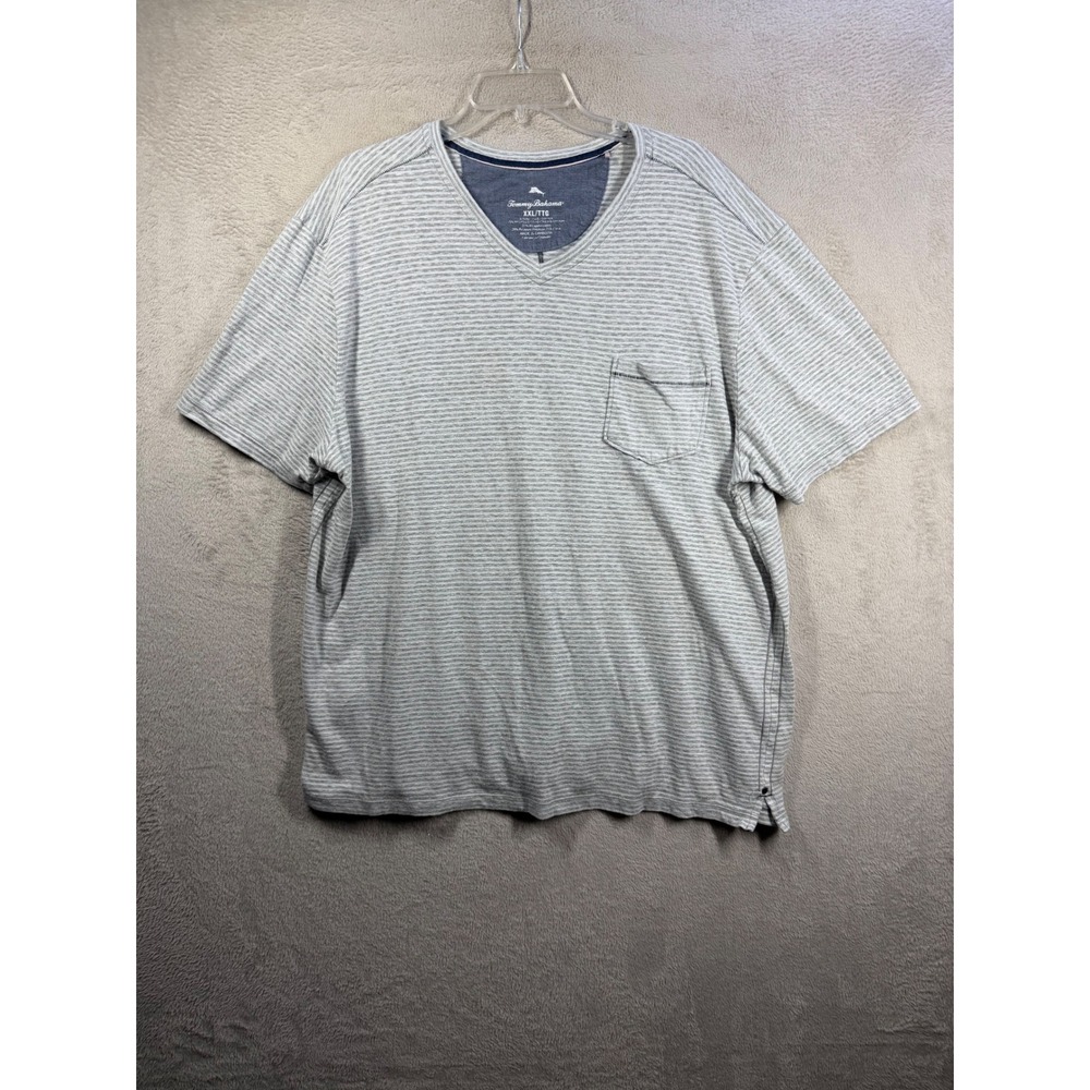 Tommy Bahama V-Neck T-Shirt Mens XXL Grey Striped Pocket Short Sleeve Casual Tee